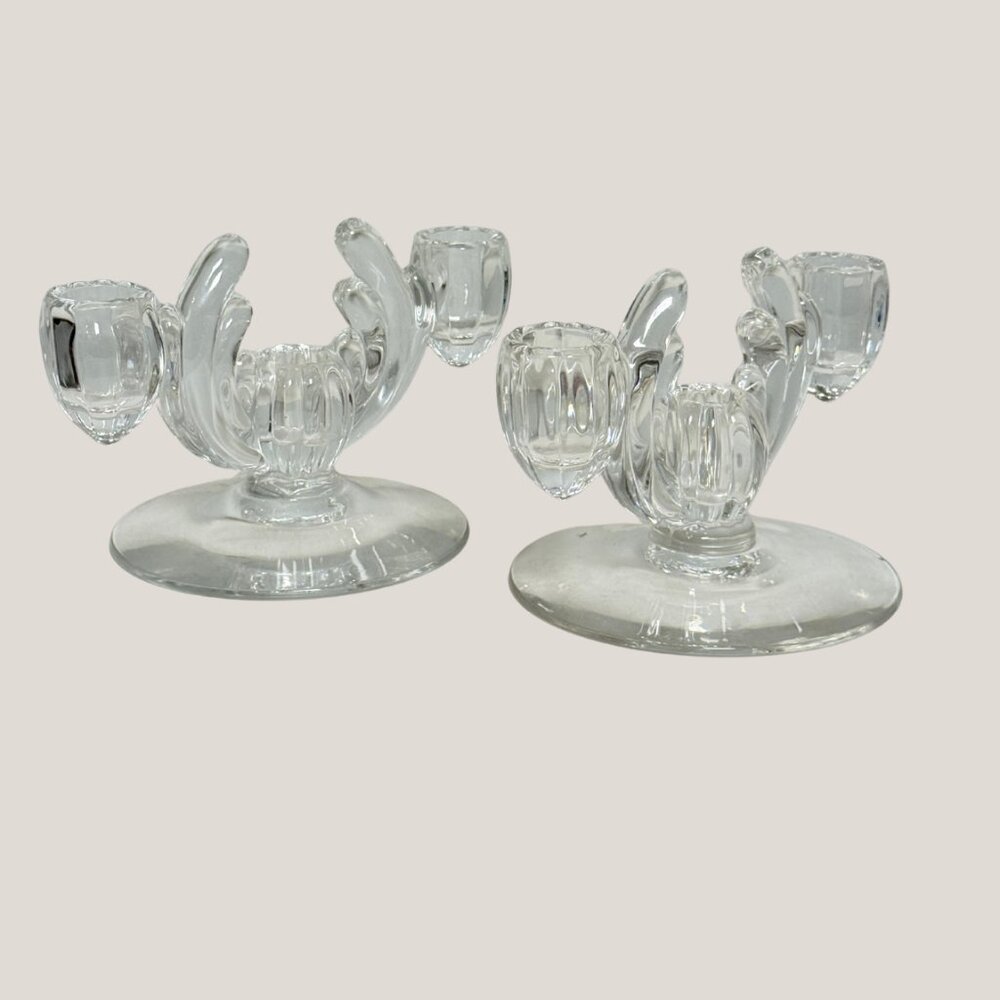 Vintage Heisey Crystolite Clear Glass 3-Light Candlestick Holders - Art Deco